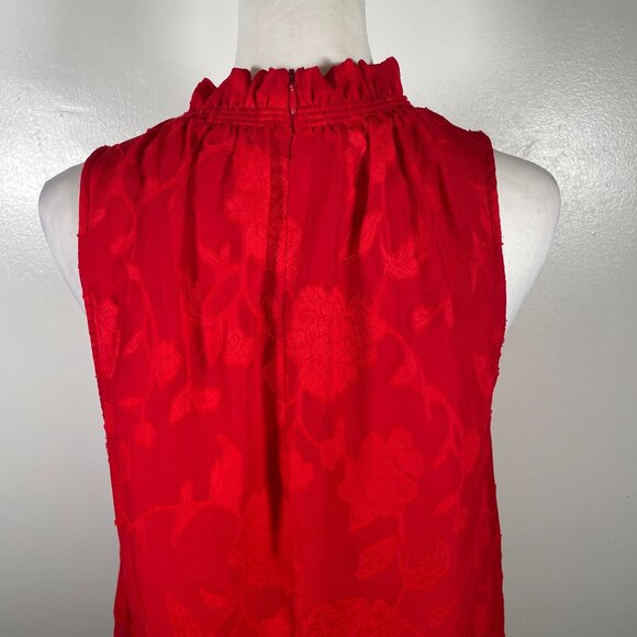Michael Kors Blouse Top Womens Large Red Embossed Floral Shirred Neck Sleeveless - Picture 10 of 15